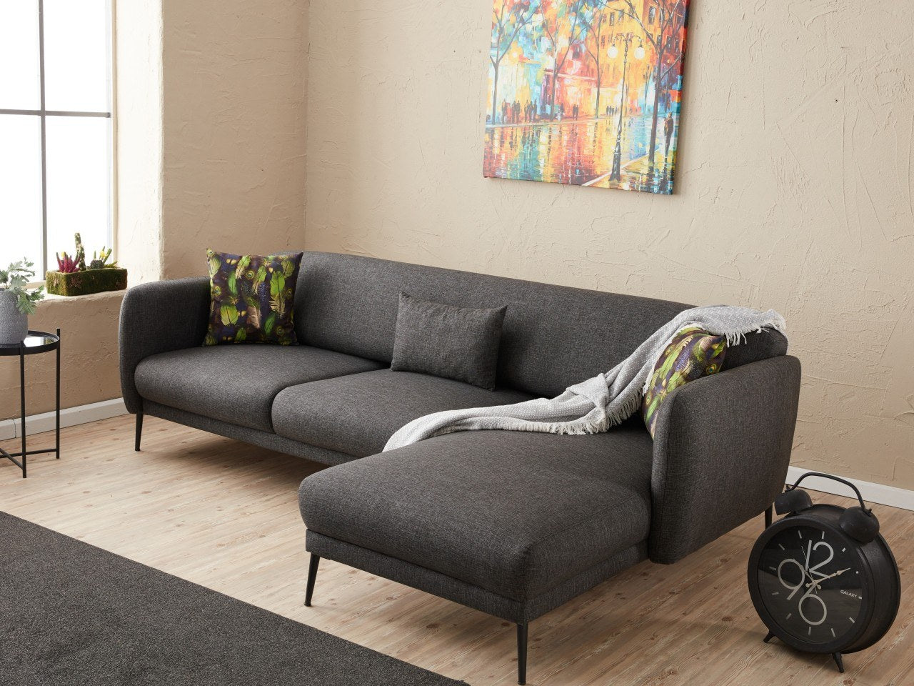 Sofá-cama de canto moderno, antracite, 265 x 80 x 163 cm | Estrutura 100% madeira de faia, tecido antibacteriano, espuma 28 DNS | Elegante e funcional para qualquer espaço