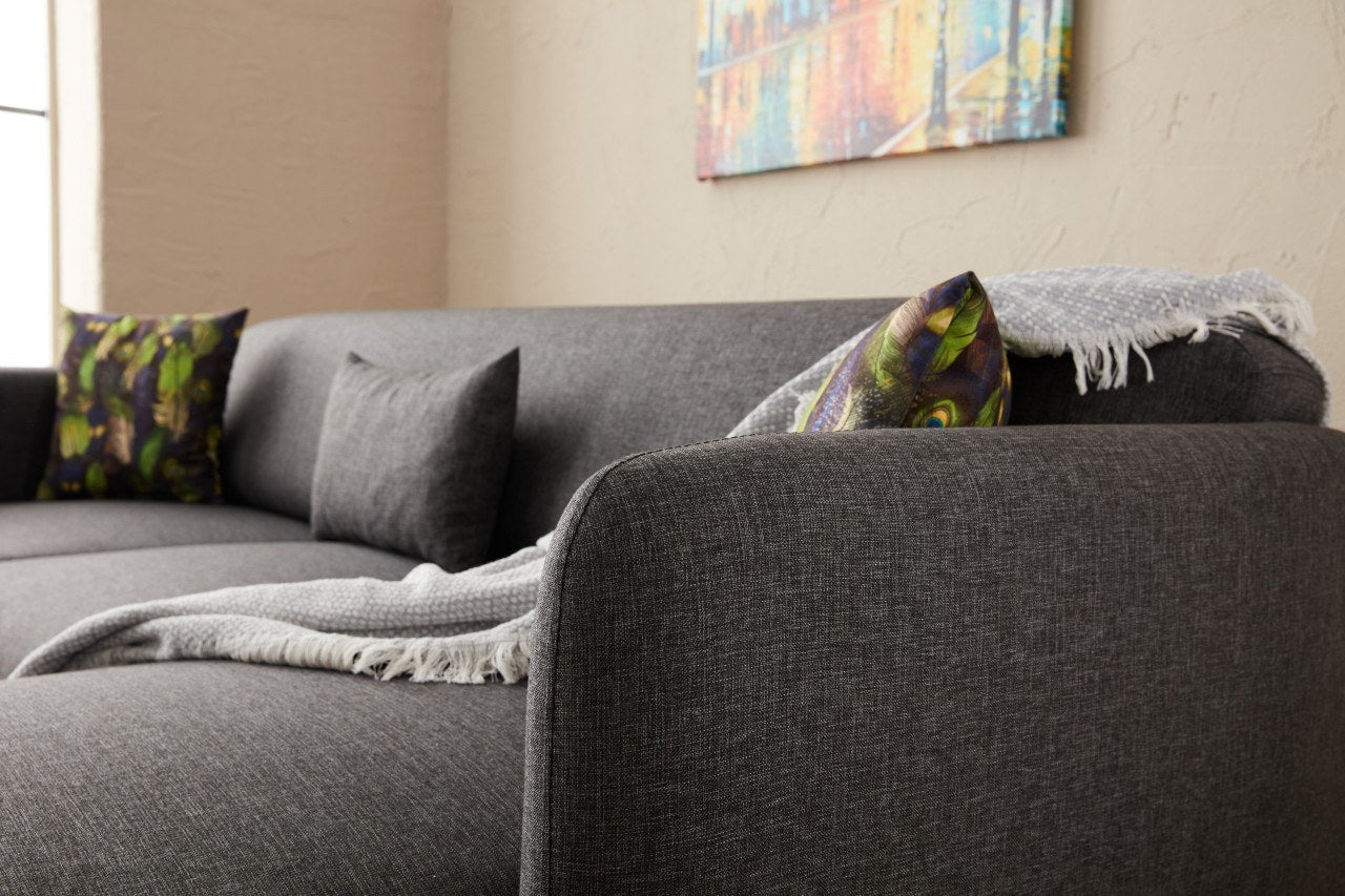 Sofá-cama de canto moderno, antracite, 265 x 80 x 163 cm | Estrutura 100% madeira de faia, tecido antibacteriano, espuma 28 DNS | Elegante e funcional para qualquer espaço