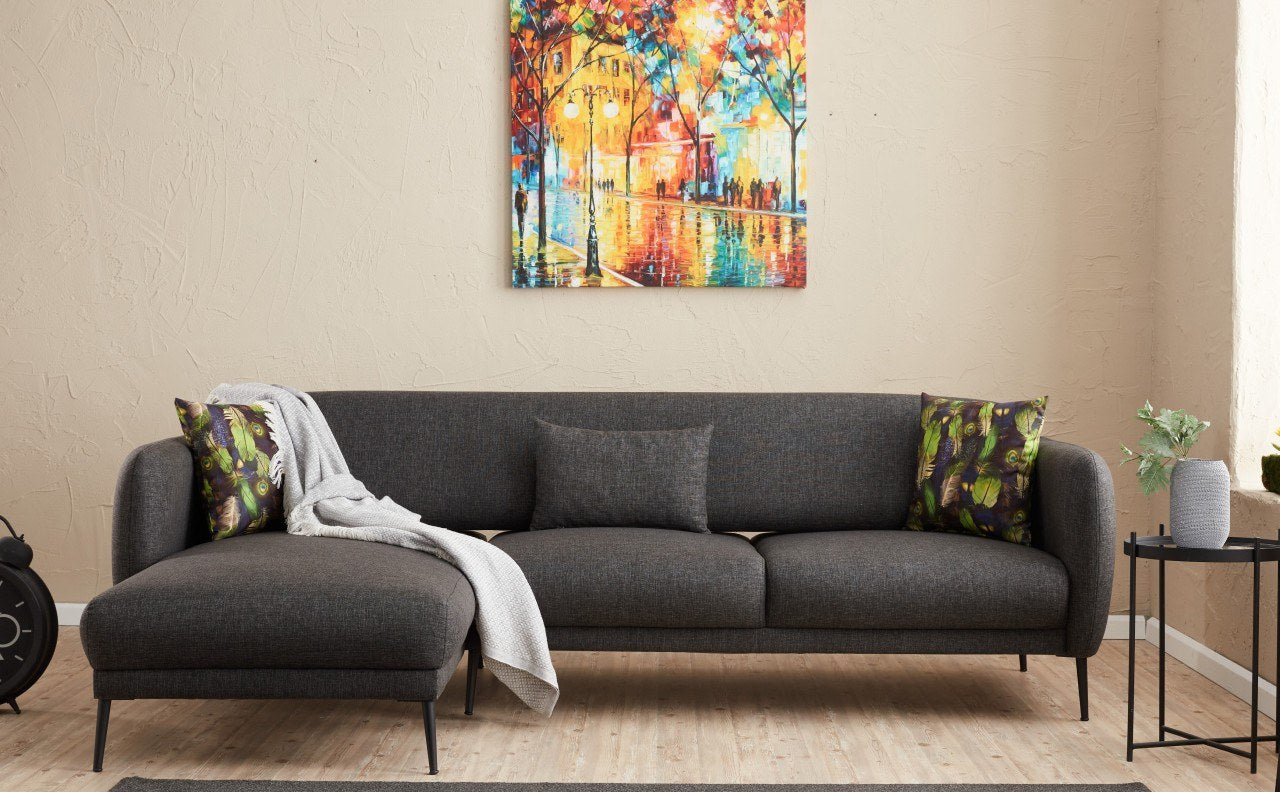 Sofá-cama de canto moderno, antracite, 265 x 80 x 163 cm | Estrutura 100% madeira de faia, tecido antibacteriano, espuma 28 DNS | Elegante e funcional para qualquer espaço