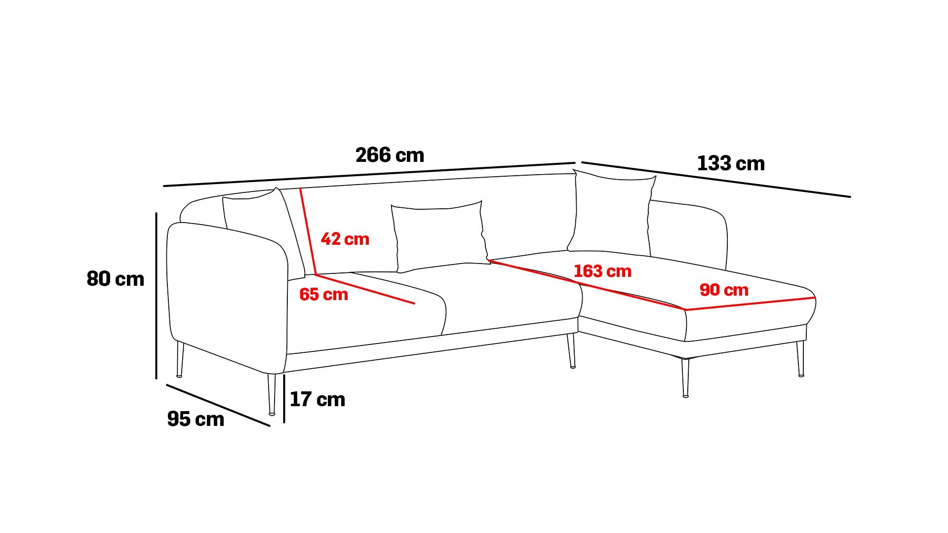 Sofá-cama de canto moderno, antracite, 265 x 80 x 163 cm | Estrutura 100% madeira de faia, tecido antibacteriano, espuma 28 DNS | Elegante e funcional para qualquer espaço