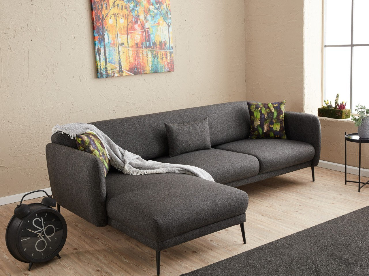 Sofá-cama de canto moderno, antracite, 265 x 80 x 163 cm | Estrutura 100% madeira de faia, tecido antibacteriano, espuma 28 DNS | Elegante e funcional para qualquer espaço