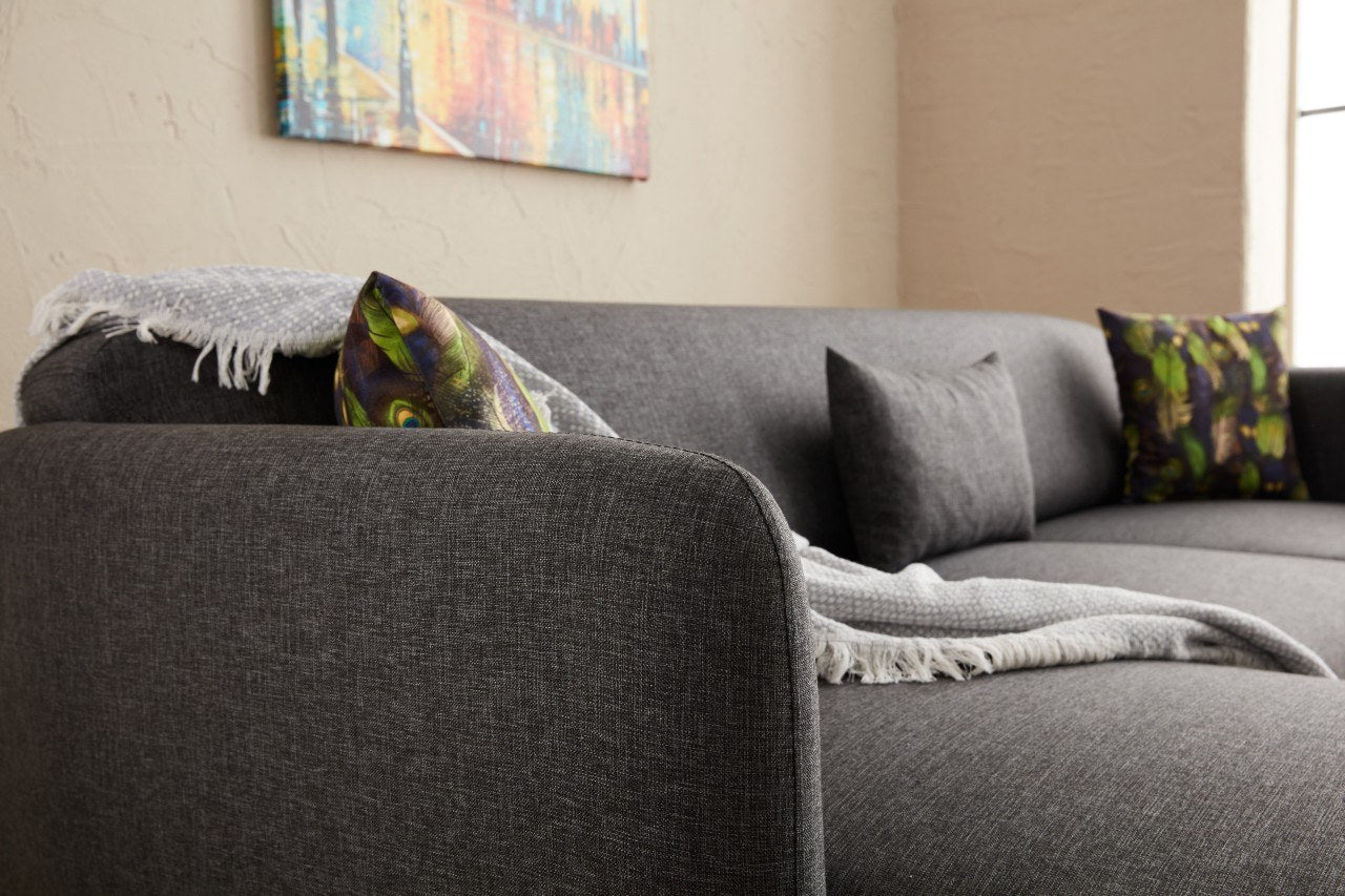 Sofá-cama de canto moderno, antracite, 265 x 80 x 163 cm | Estrutura 100% madeira de faia, tecido antibacteriano, espuma 28 DNS | Elegante e funcional para qualquer espaço