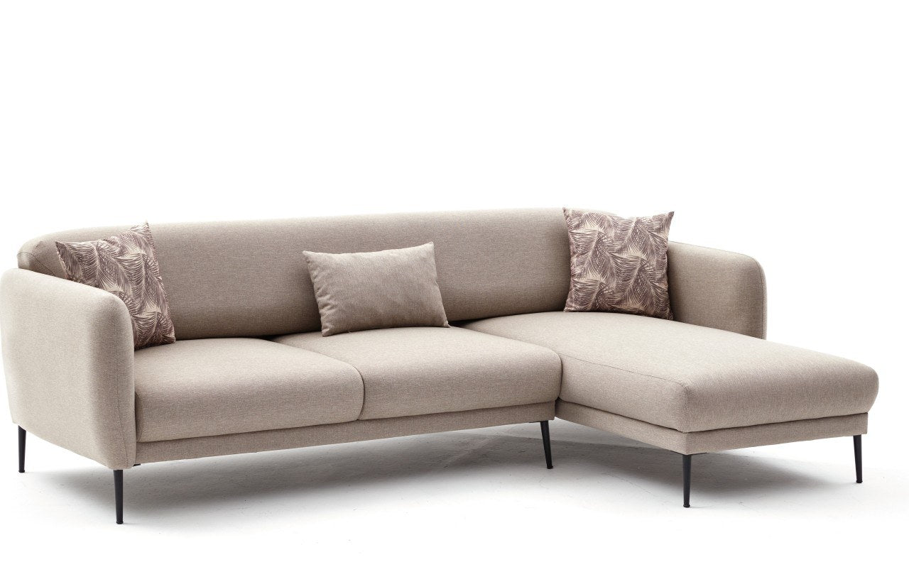 Sofá-cama de canto moderno, creme, 265 cm | Estrutura 100% madeira de faia, tecido antibacteriano, espuma 28 DNS | Elegante e funcional para qualquer espaço, montagem necessária