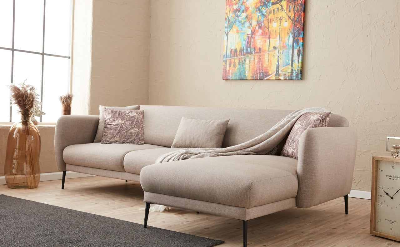 Sofá-cama de canto moderno, creme, 265 cm | Estrutura 100% madeira de faia, tecido antibacteriano, espuma 28 DNS | Elegante e funcional para qualquer espaço, montagem necessária