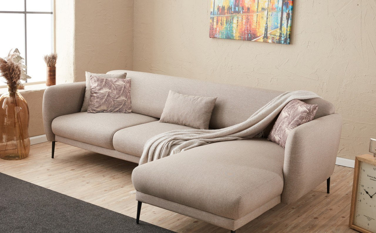Sofá-cama de canto moderno, creme, 265 cm | Estrutura 100% madeira de faia, tecido antibacteriano, espuma 28 DNS | Elegante e funcional para qualquer espaço, montagem necessária
