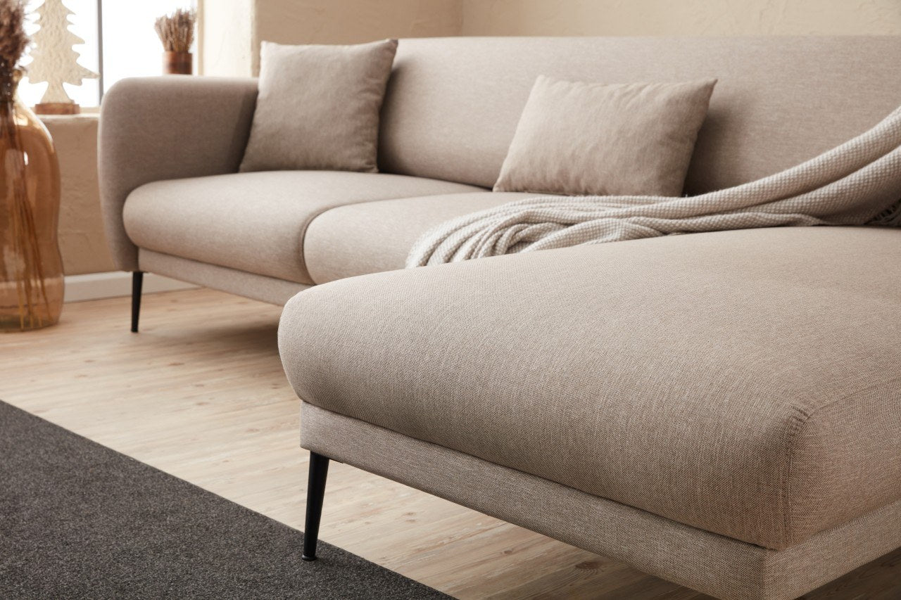 Sofá-cama de canto moderno, creme, 265 cm | Estrutura 100% madeira de faia, tecido antibacteriano, espuma 28 DNS | Elegante e funcional para qualquer espaço, montagem necessária