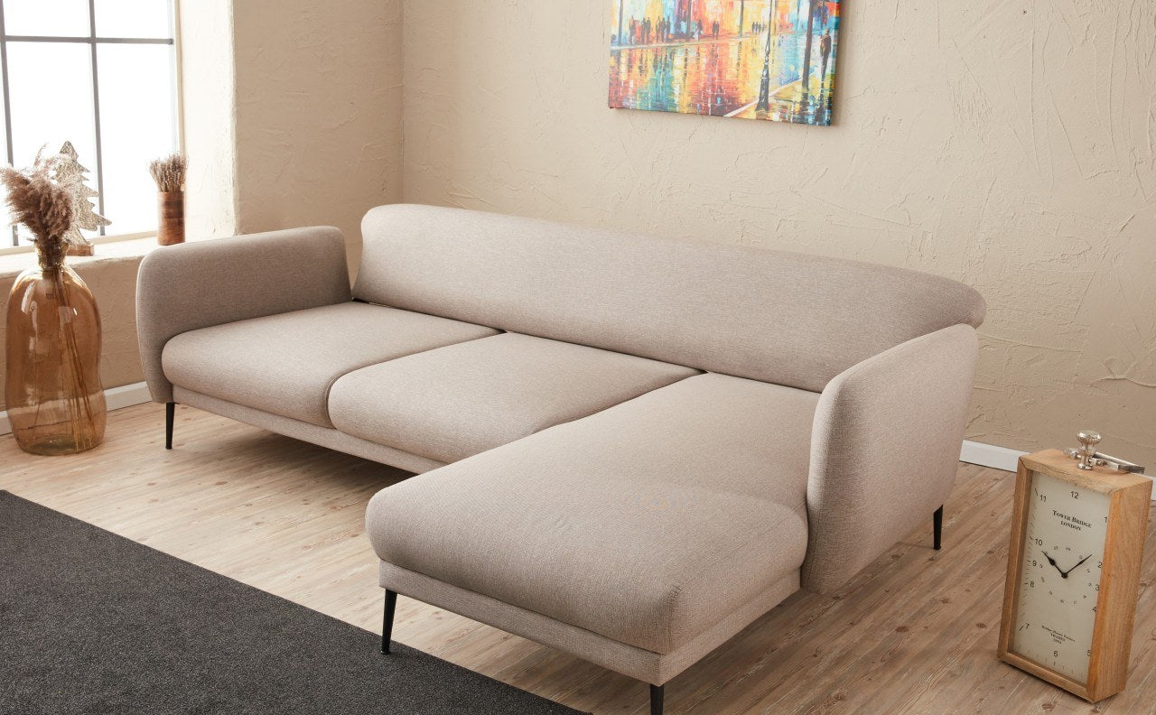 Sofá-cama de canto moderno, creme, 265 cm | Estrutura 100% madeira de faia, tecido antibacteriano, espuma 28 DNS | Elegante e funcional para qualquer espaço, montagem necessária