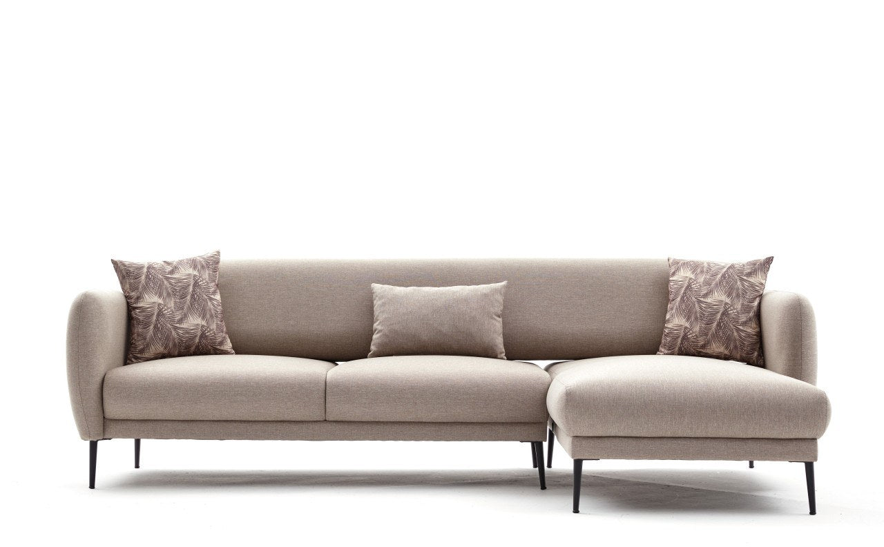 Sofá-cama de canto moderno, creme, 265 cm | Estrutura 100% madeira de faia, tecido antibacteriano, espuma 28 DNS | Elegante e funcional para qualquer espaço, montagem necessária