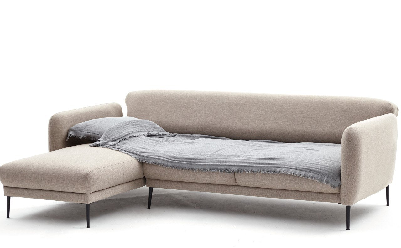Sofá-cama de canto moderno, creme, 265 cm | Estrutura 100% madeira de faia, tecido antibacteriano, espuma 28 DNS | Elegante e funcional para qualquer espaço, montagem necessária