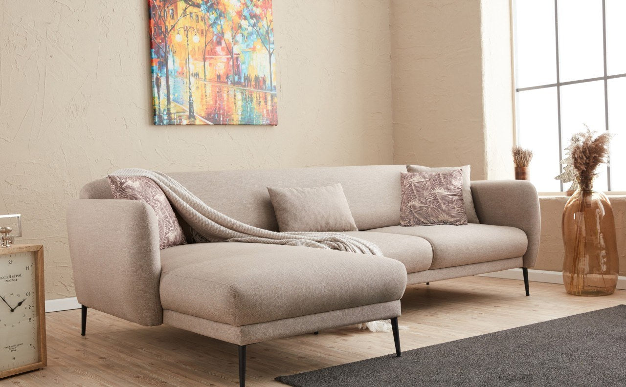 Sofá-cama de canto moderno, creme, 265 cm | Estrutura 100% madeira de faia, tecido antibacteriano, espuma 28 DNS | Elegante e funcional para qualquer espaço, montagem necessária
