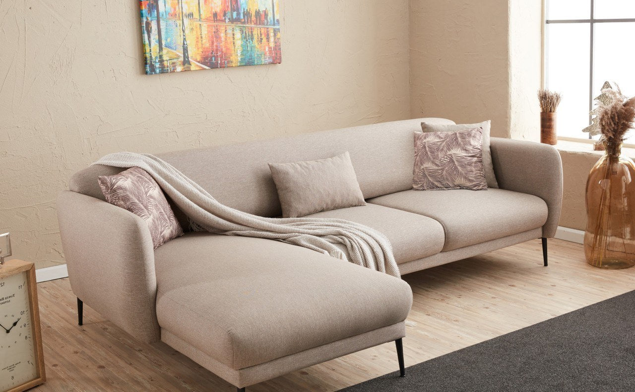 Sofá-cama de canto moderno, creme, 265 cm | Estrutura 100% madeira de faia, tecido antibacteriano, espuma 28 DNS | Elegante e funcional para qualquer espaço, montagem necessária