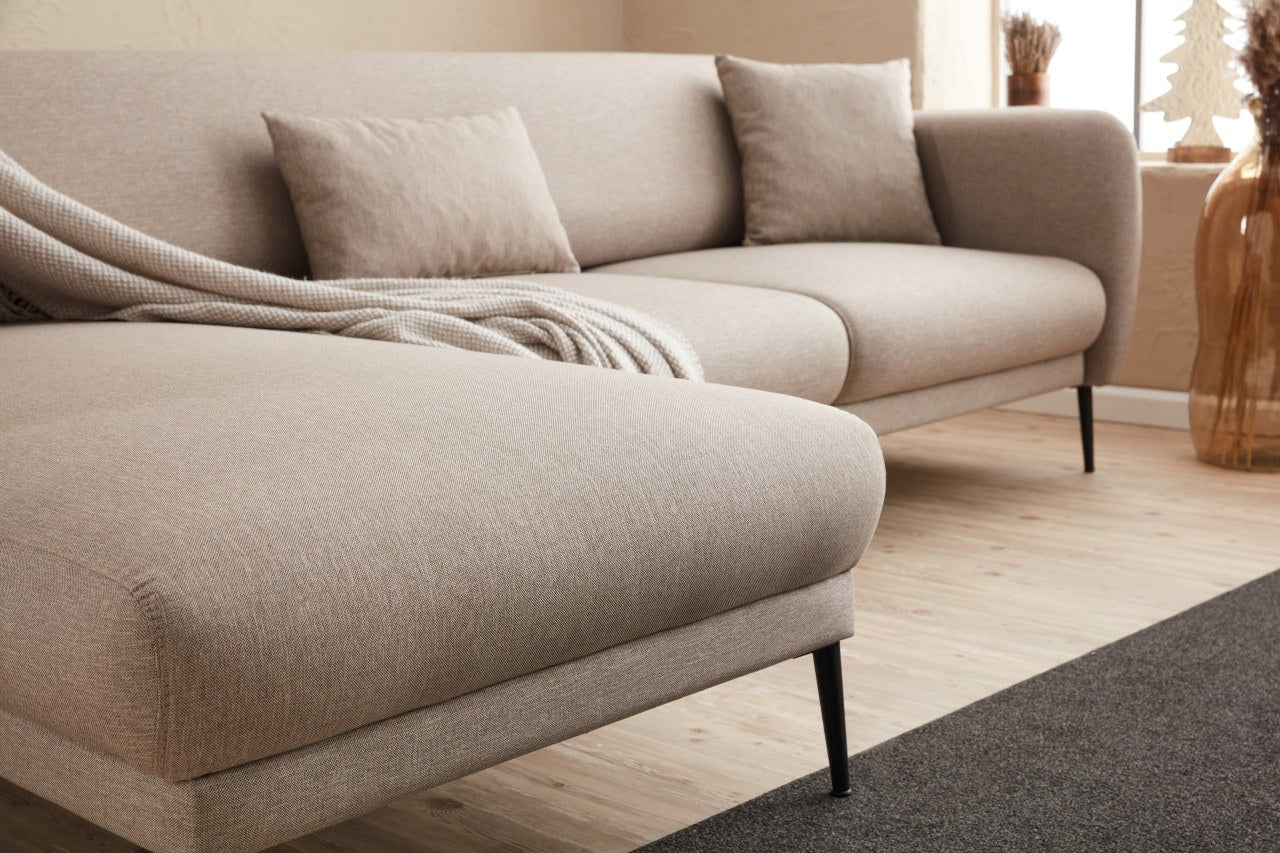 Sofá-cama de canto moderno, creme, 265 cm | Estrutura 100% madeira de faia, tecido antibacteriano, espuma 28 DNS | Elegante e funcional para qualquer espaço, montagem necessária