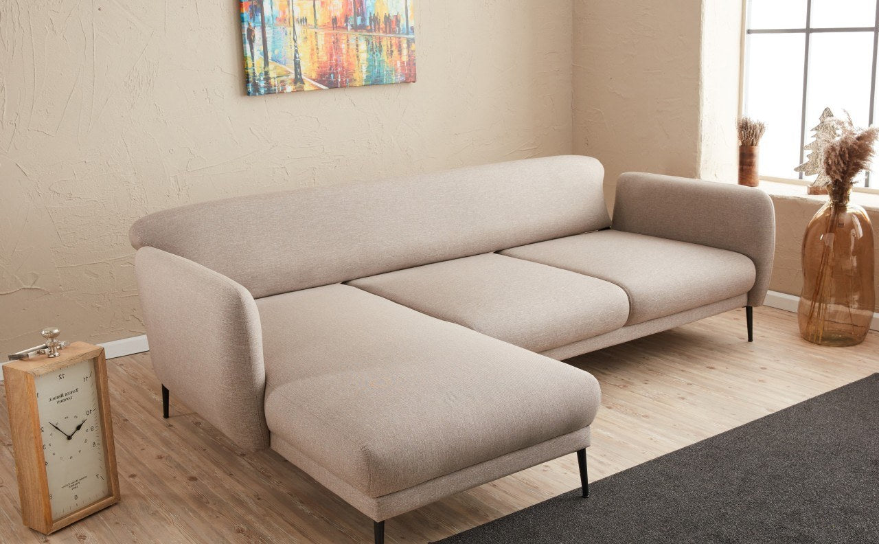 Sofá-cama de canto moderno, creme, 265 cm | Estrutura 100% madeira de faia, tecido antibacteriano, espuma 28 DNS | Elegante e funcional para qualquer espaço, montagem necessária