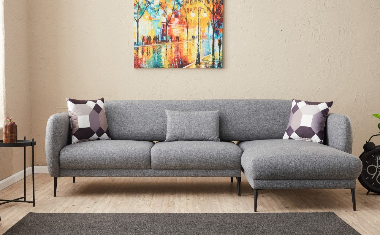 Sofá-cama de canto moderno, cinza, 265 cm | Estrutura 100% madeira de faia, tecido antibacteriano, espuma 28 DNS | Elegante e funcional para espaços de convivência, montagem necessária