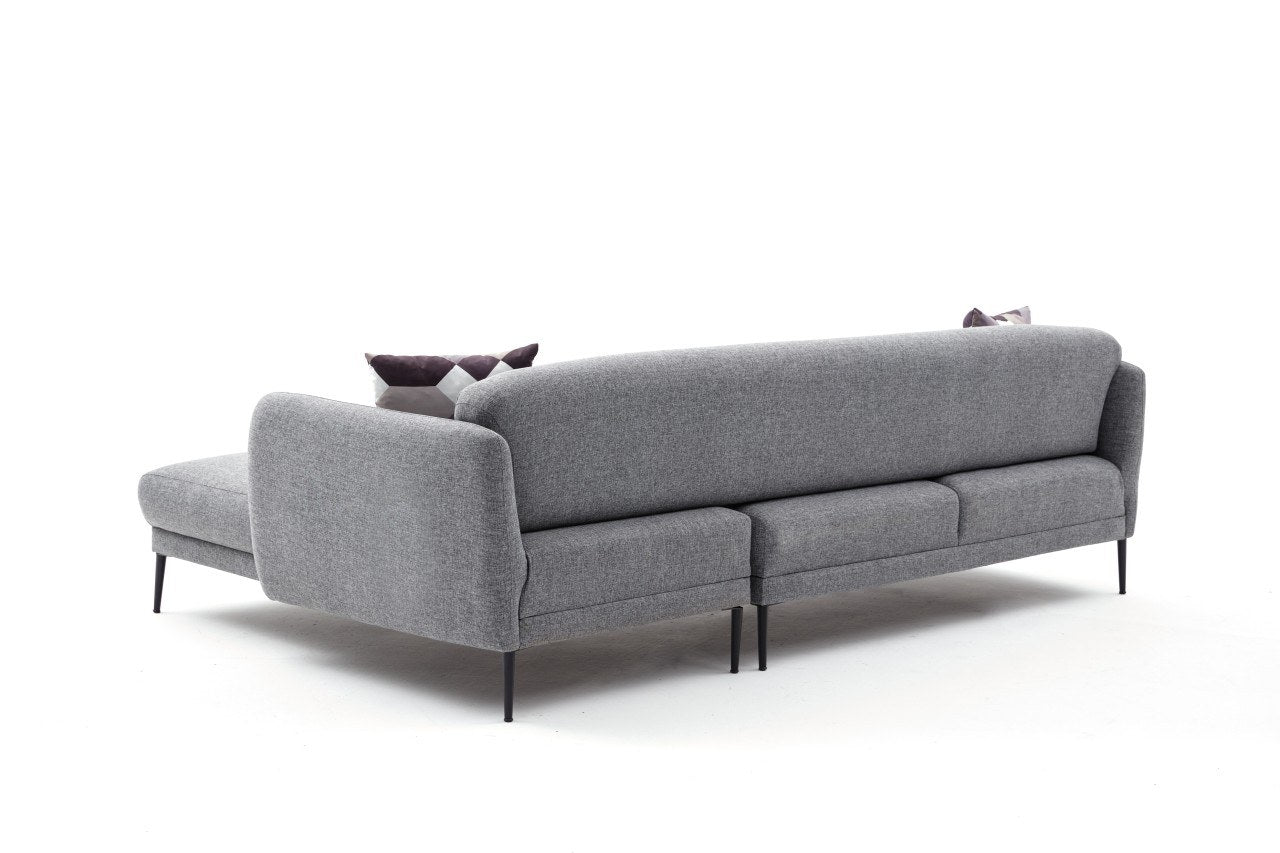 Sofá-cama de canto moderno, cinza, 265 cm | Estrutura 100% madeira de faia, tecido antibacteriano, espuma 28 DNS | Elegante e funcional para espaços de convivência, montagem necessária