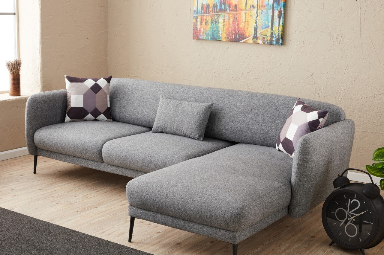 Sofá-cama de canto moderno, cinza, 265 cm | Estrutura 100% madeira de faia, tecido antibacteriano, espuma 28 DNS | Elegante e funcional para espaços de convivência, montagem necessária