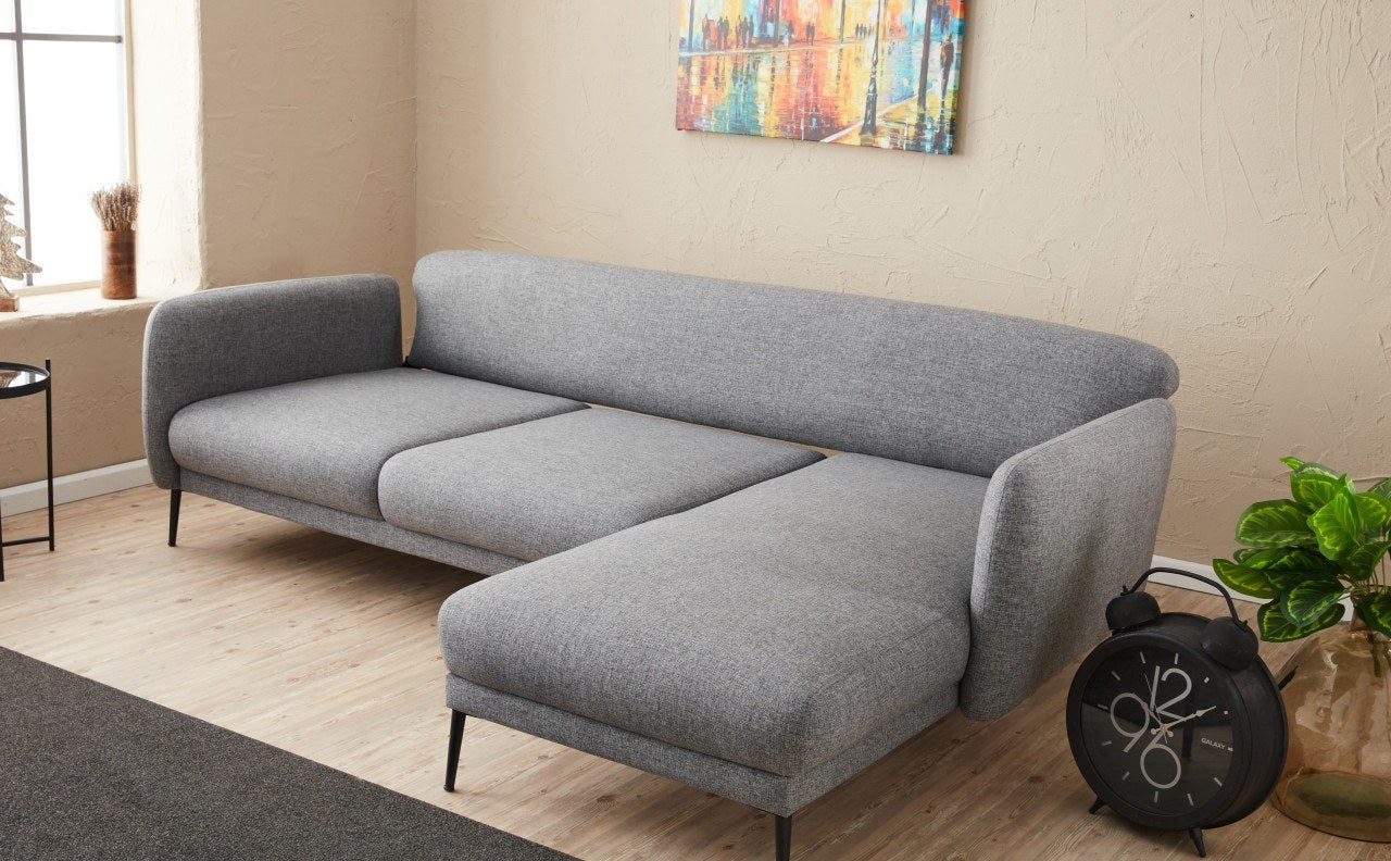 Sofá-cama de canto moderno, cinza, 265 cm | Estrutura 100% madeira de faia, tecido antibacteriano, espuma 28 DNS | Elegante e funcional para espaços de convivência, montagem necessária