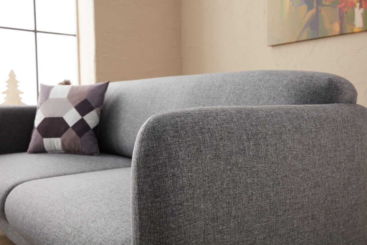 Sofá-cama de canto moderno, cinza, 265 cm | Estrutura 100% madeira de faia, tecido antibacteriano, espuma 28 DNS | Elegante e funcional para espaços de convivência, montagem necessária