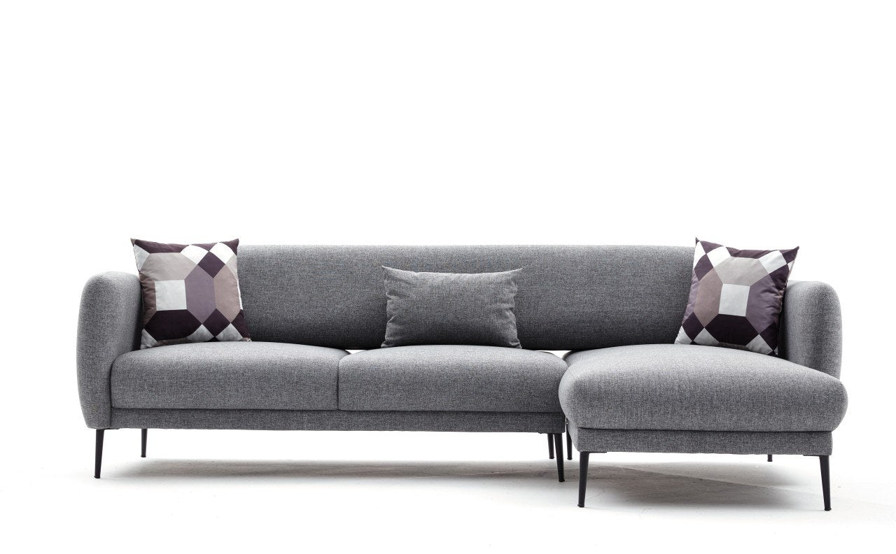 Sofá-cama de canto moderno, cinza, 265 cm | Estrutura 100% madeira de faia, tecido antibacteriano, espuma 28 DNS | Elegante e funcional para espaços de convivência, montagem necessária