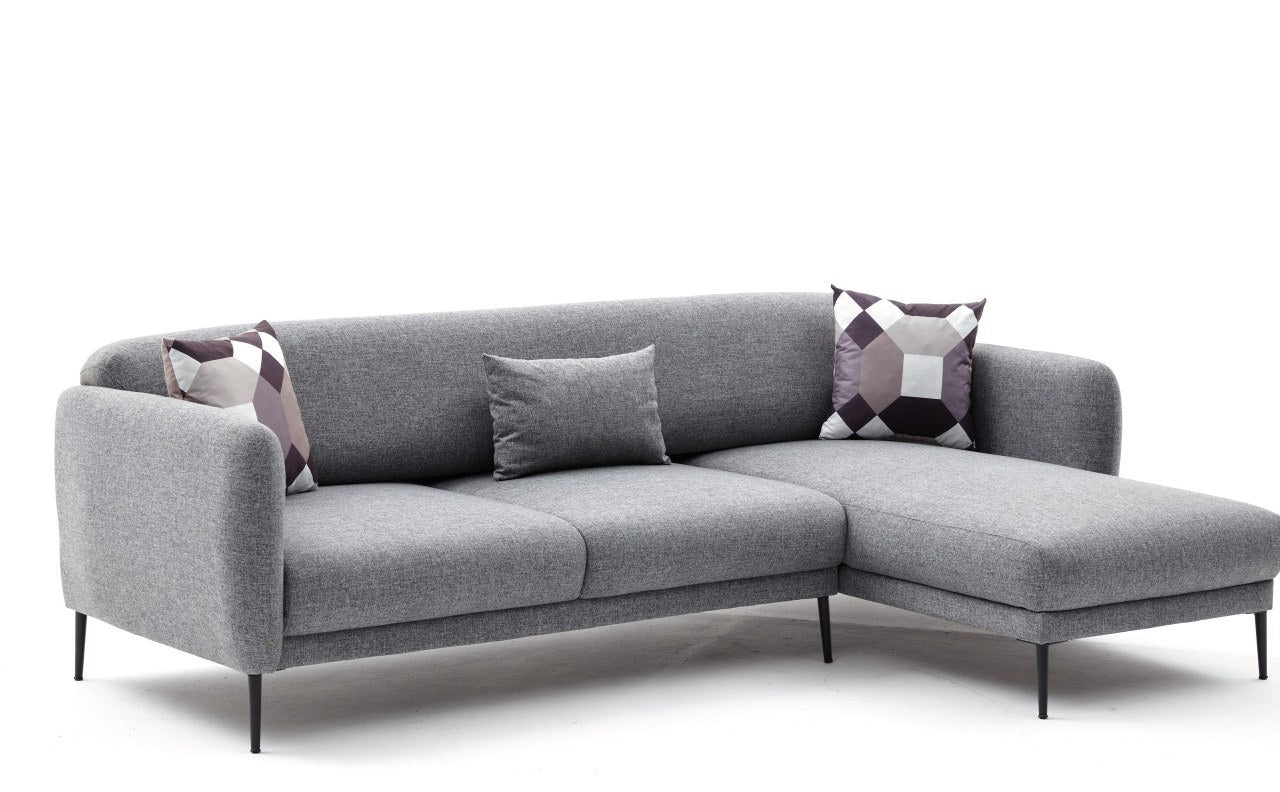 Sofá-cama de canto moderno, cinza, 265 cm | Estrutura 100% madeira de faia, tecido antibacteriano, espuma 28 DNS | Elegante e funcional para espaços de convivência, montagem necessária