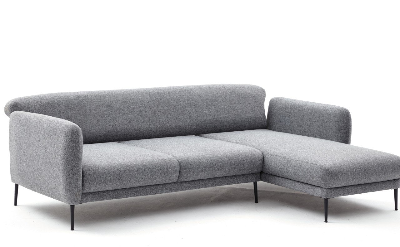 Sofá-cama de canto moderno, cinza, 265 cm | Estrutura 100% madeira de faia, tecido antibacteriano, espuma 28 DNS | Elegante e funcional para espaços de convivência, montagem necessária