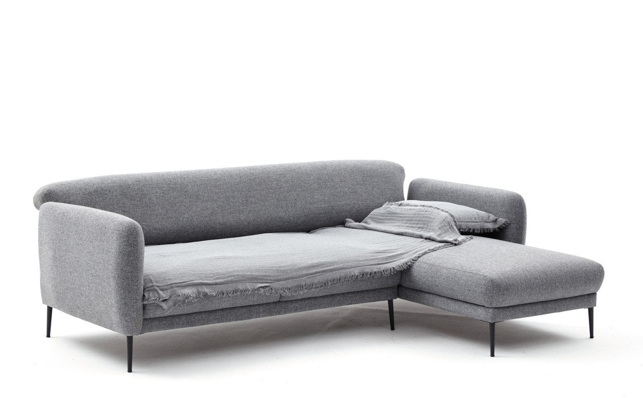 Sofá-cama de canto moderno, cinza, 265 cm | Estrutura 100% madeira de faia, tecido antibacteriano, espuma 28 DNS | Elegante e funcional para espaços de convivência, montagem necessária