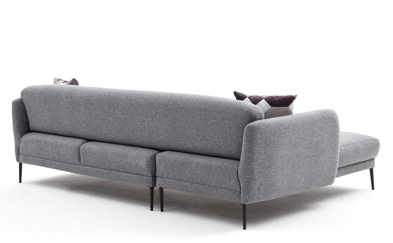 Sofá-cama de canto moderno, cinza, 265 cm | Estrutura 100% madeira de faia, tecido antibacteriano, espuma 28 DNS | Elegante e funcional para espaços de convivência, montagem necessária