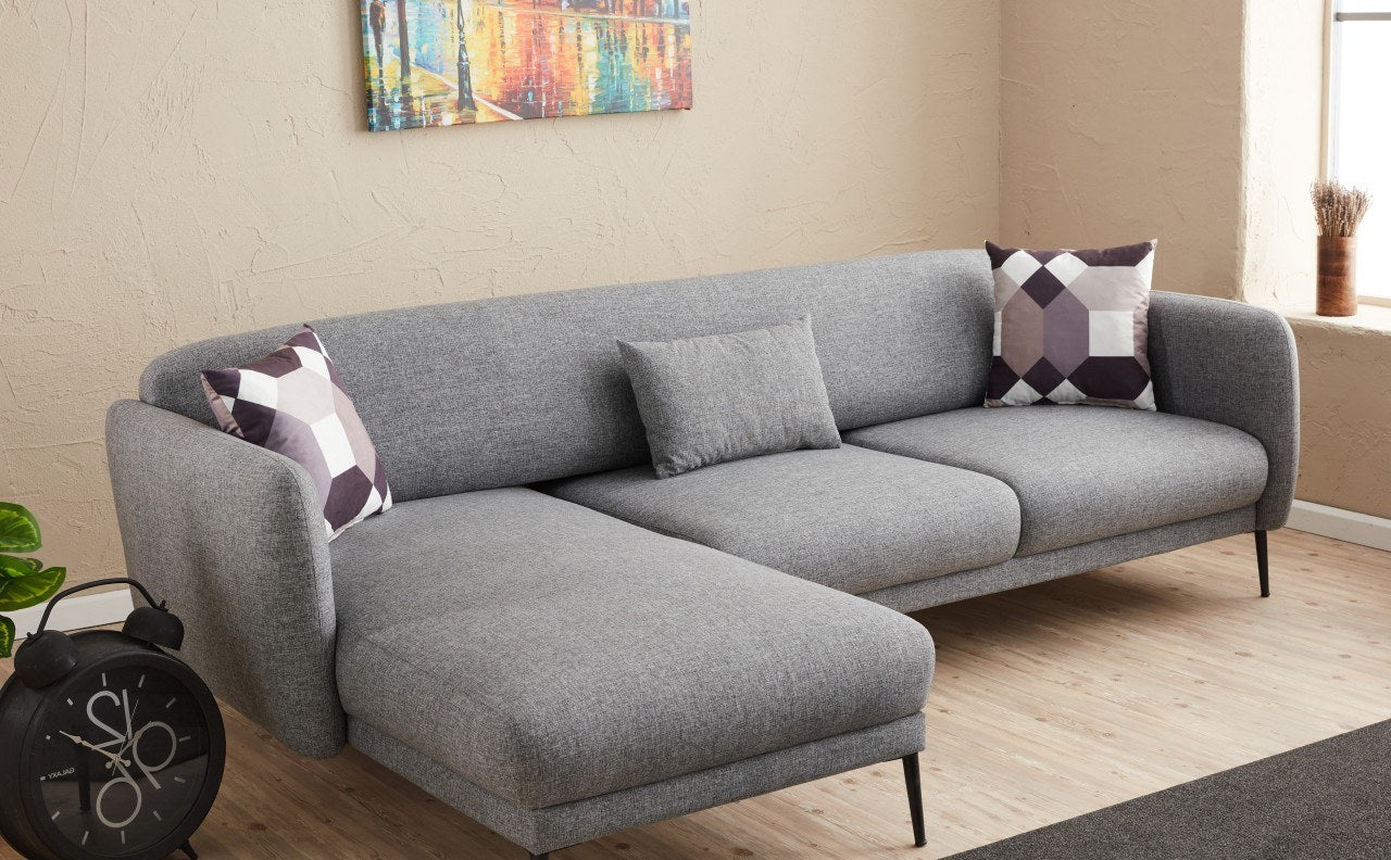 Sofá-cama de canto moderno, cinza, 265 cm | Estrutura 100% madeira de faia, tecido antibacteriano, espuma 28 DNS | Elegante e funcional para espaços de convivência, montagem necessária
