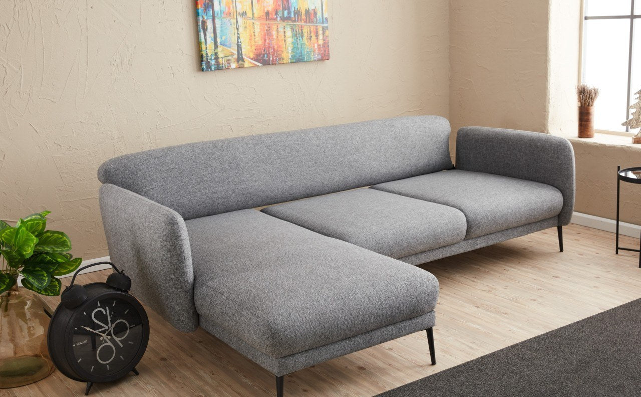 Sofá-cama de canto moderno, cinza, 265 cm | Estrutura 100% madeira de faia, tecido antibacteriano, espuma 28 DNS | Elegante e funcional para espaços de convivência, montagem necessária