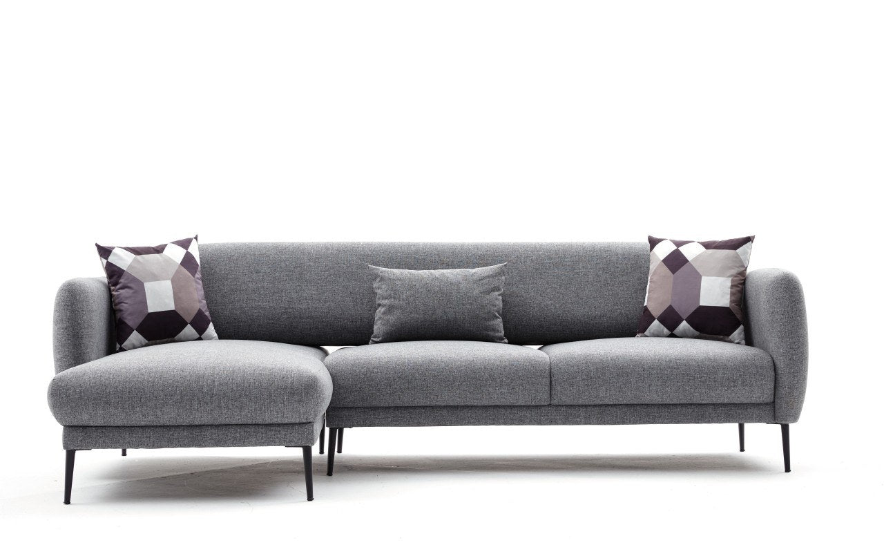 Sofá-cama de canto moderno, cinza, 265 cm | Estrutura 100% madeira de faia, tecido antibacteriano, espuma 28 DNS | Elegante e funcional para espaços de convivência, montagem necessária