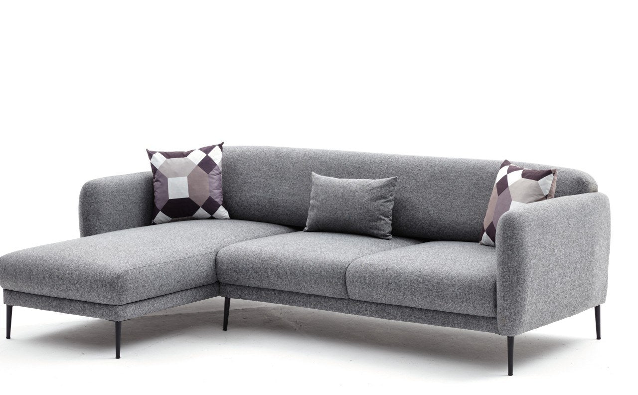 Sofá-cama de canto moderno, cinza, 265 cm | Estrutura 100% madeira de faia, tecido antibacteriano, espuma 28 DNS | Elegante e funcional para espaços de convivência, montagem necessária