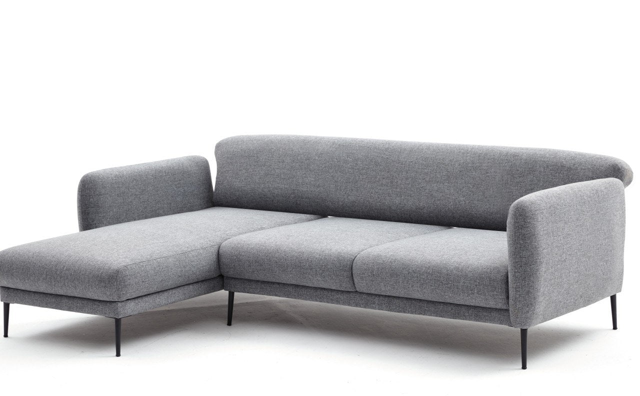 Sofá-cama de canto moderno, cinza, 265 cm | Estrutura 100% madeira de faia, tecido antibacteriano, espuma 28 DNS | Elegante e funcional para espaços de convivência, montagem necessária