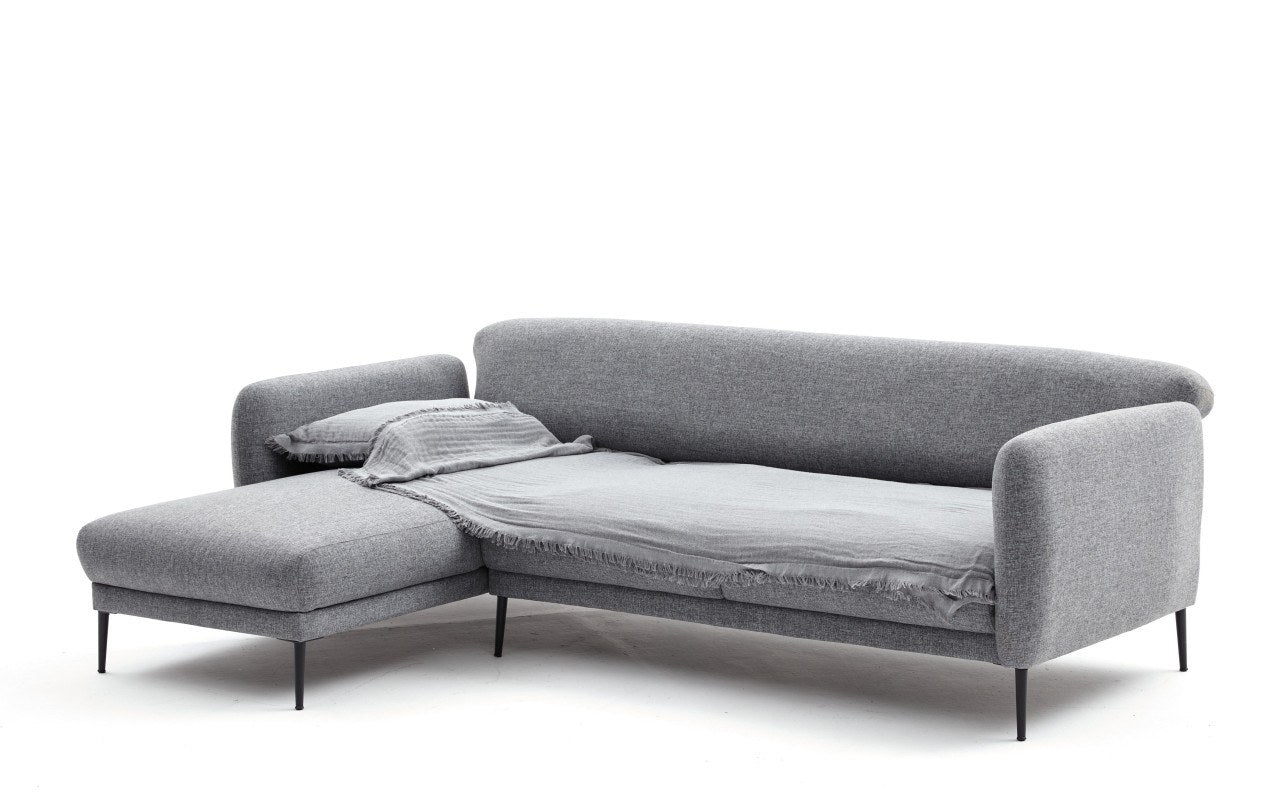 Sofá-cama de canto moderno, cinza, 265 cm | Estrutura 100% madeira de faia, tecido antibacteriano, espuma 28 DNS | Elegante e funcional para espaços de convivência, montagem necessária