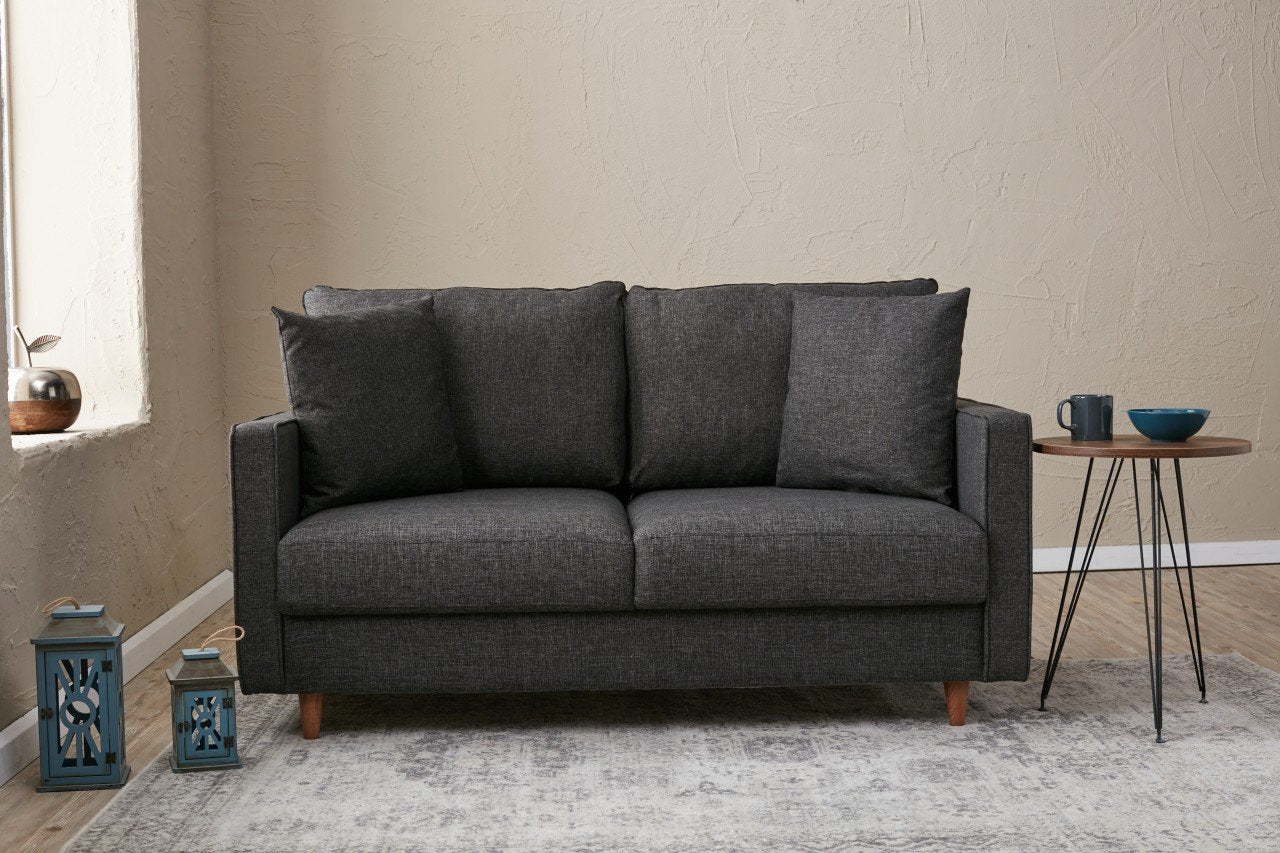 Sofá moderno de 2 lugares, antracite, 155 x 82 x 90 cm | Estrutura em madeira de abeto e aglomerado, 100% poliéster, tecido fácil de limpar | Design escandinavo elegante para residências e hotéis