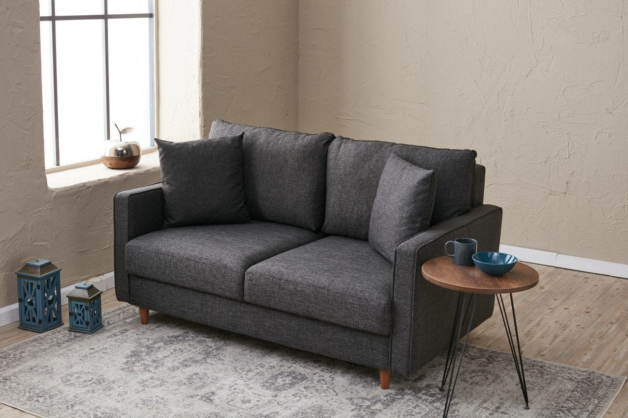 Sofá moderno de 2 lugares, antracite, 155 x 82 x 90 cm | Estrutura em madeira de abeto e aglomerado, 100% poliéster, tecido fácil de limpar | Design escandinavo elegante para residências e hotéis