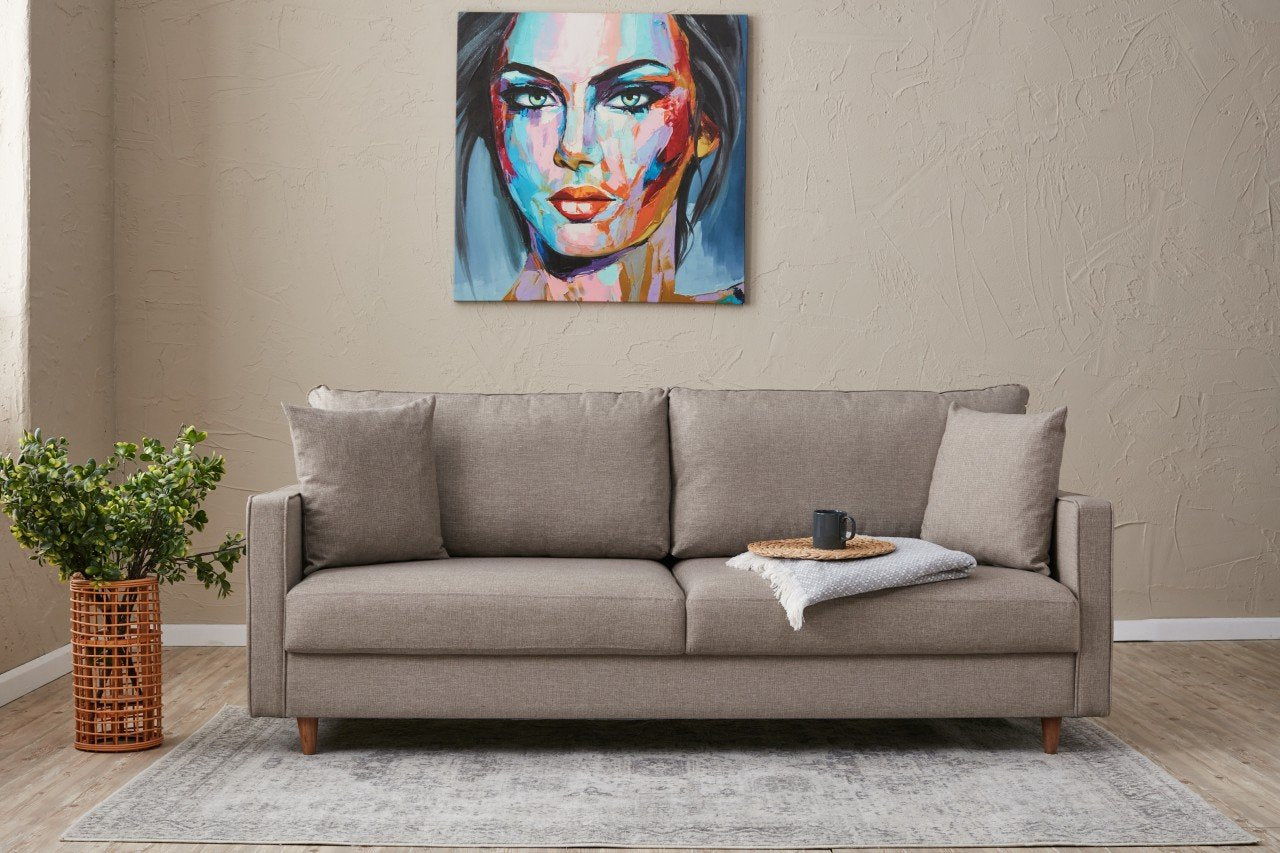 Sofá moderno de 3 lugares, cor creme, 210 cm | Estrutura de madeira de abeto e aglomerado, 100% poliéster, tecido fácil de limpar | Perfeito para decoração escandinava e hoteleira