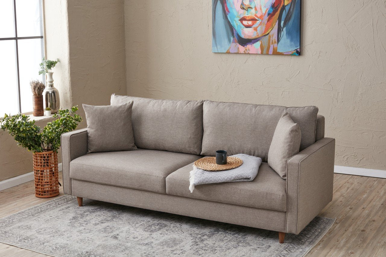 Sofá moderno de 3 lugares, cor creme, 210 cm | Estrutura de madeira de abeto e aglomerado, 100% poliéster, tecido fácil de limpar | Perfeito para decoração escandinava e hoteleira