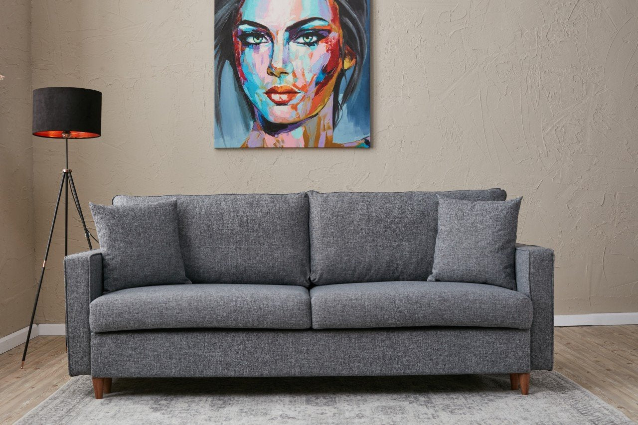 Sofá-cama moderno de 3 lugares, cinza, 210 x 90 x 82 cm | 100% poliéster, tecido fácil de limpar, espuma 28 DNS | Perfeito para salas de estar e quartos de hóspedes elegantes