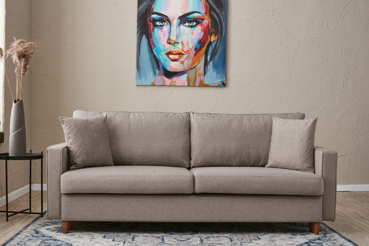 Sofá-cama moderno de 3 lugares, cor creme, 210 x 90 x 82 cm | Estrutura de madeira de abeto/floco de madeira, fácil de limpar, 100% poliéster, perfeito para decoração de hotéis e escandinava
