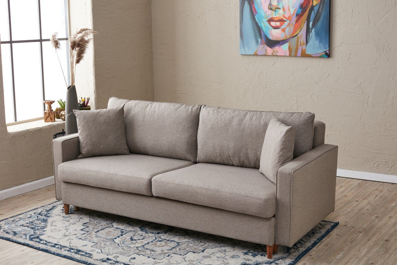 Sofá-cama moderno de 3 lugares, cor creme, 210 x 90 x 82 cm | Estrutura de madeira de abeto/floco de madeira, fácil de limpar, 100% poliéster, perfeito para decoração de hotéis e escandinava
