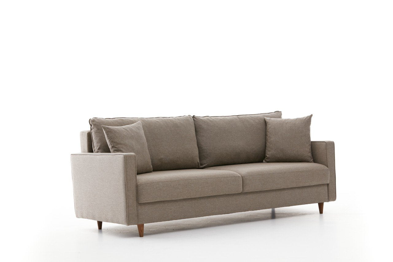Sofá-cama moderno de 3 lugares, cor creme, 210 x 90 x 82 cm | Estrutura de madeira de abeto/floco de madeira, fácil de limpar, 100% poliéster, perfeito para decoração de hotéis e escandinava