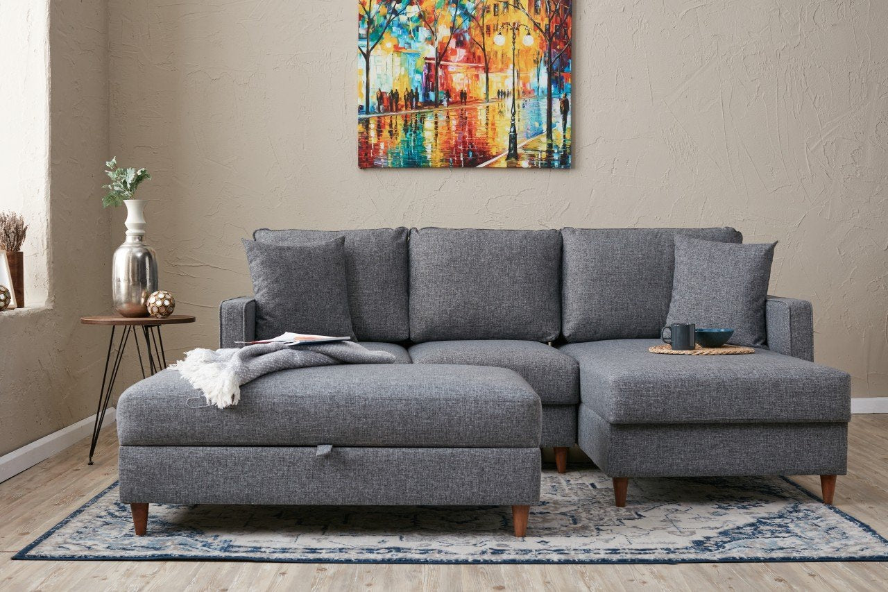 Sofá de canto moderno cinza com pufe, 210 cm | 100% poliéster, tecido fácil de limpar, espuma 28 DNS | Design escandinavo elegante para o conforto da sala de estar