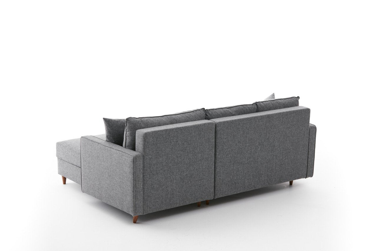 Sofá de canto moderno cinza com pufe, 210 cm | 100% poliéster, tecido fácil de limpar, espuma 28 DNS | Design escandinavo elegante para o conforto da sala de estar
