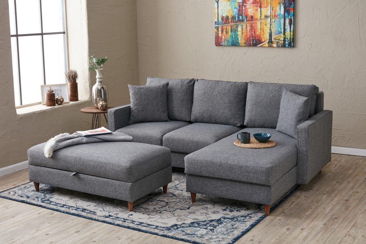 Sofá de canto moderno cinza com pufe, 210 cm | 100% poliéster, tecido fácil de limpar, espuma 28 DNS | Design escandinavo elegante para o conforto da sala de estar