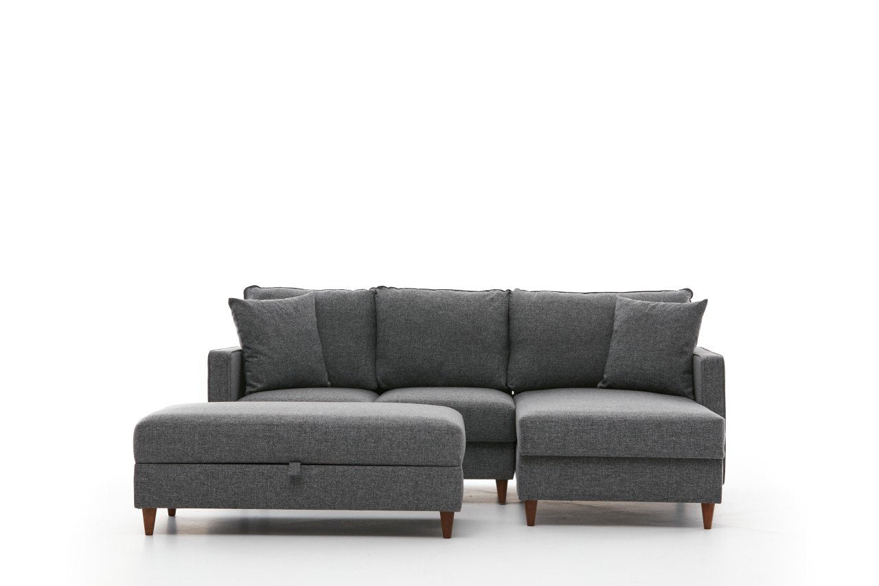 Sofá de canto moderno cinza com pufe, 210 cm | 100% poliéster, tecido fácil de limpar, espuma 28 DNS | Design escandinavo elegante para o conforto da sala de estar