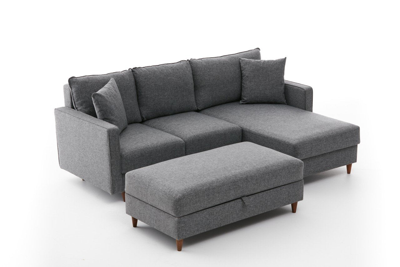 Sofá de canto moderno cinza com pufe, 210 cm | 100% poliéster, tecido fácil de limpar, espuma 28 DNS | Design escandinavo elegante para o conforto da sala de estar