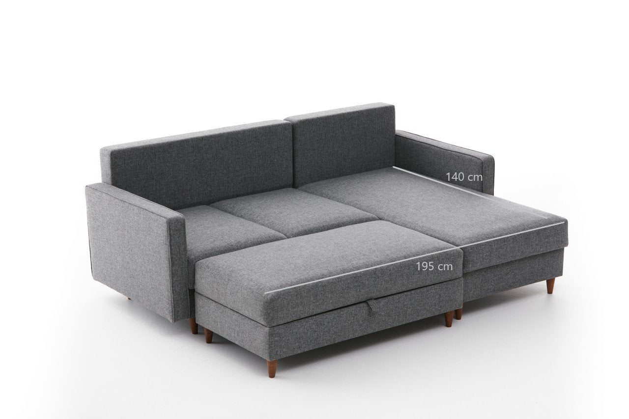 Sofá de canto moderno cinza com pufe, 210 cm | 100% poliéster, tecido fácil de limpar, espuma 28 DNS | Design escandinavo elegante para o conforto da sala de estar