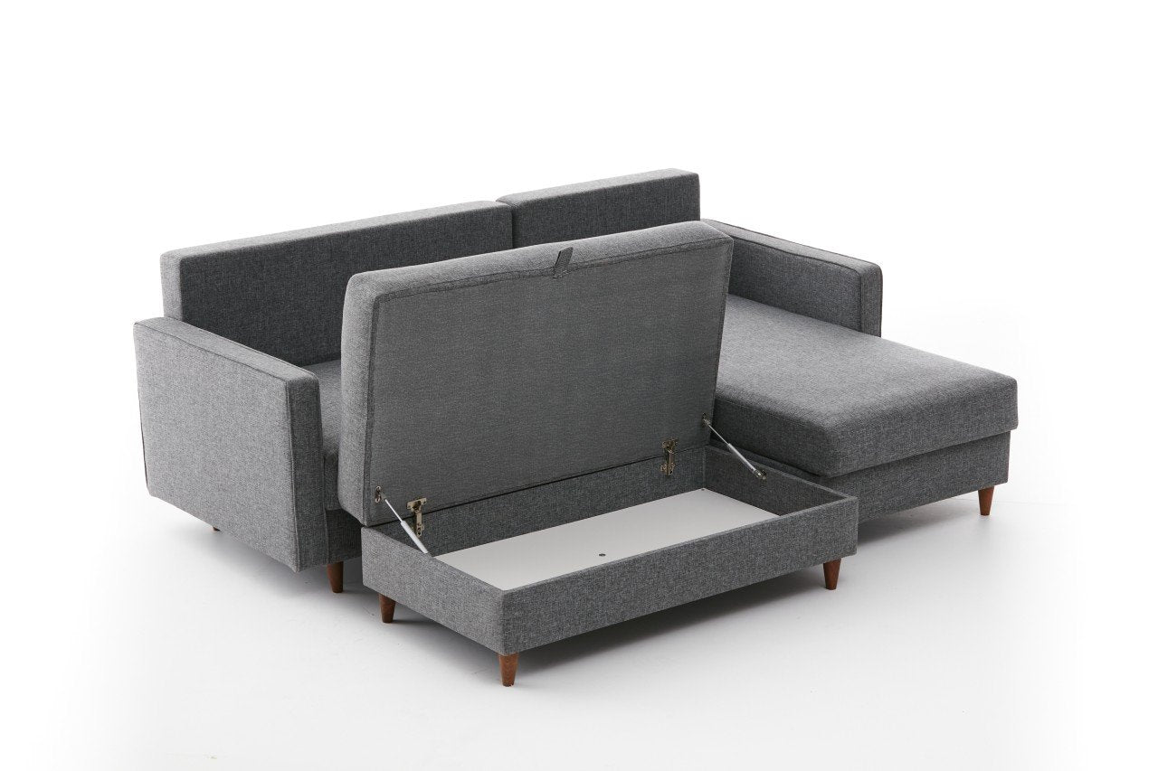 Sofá de canto moderno cinza com pufe, 210 cm | 100% poliéster, tecido fácil de limpar, espuma 28 DNS | Design escandinavo elegante para o conforto da sala de estar