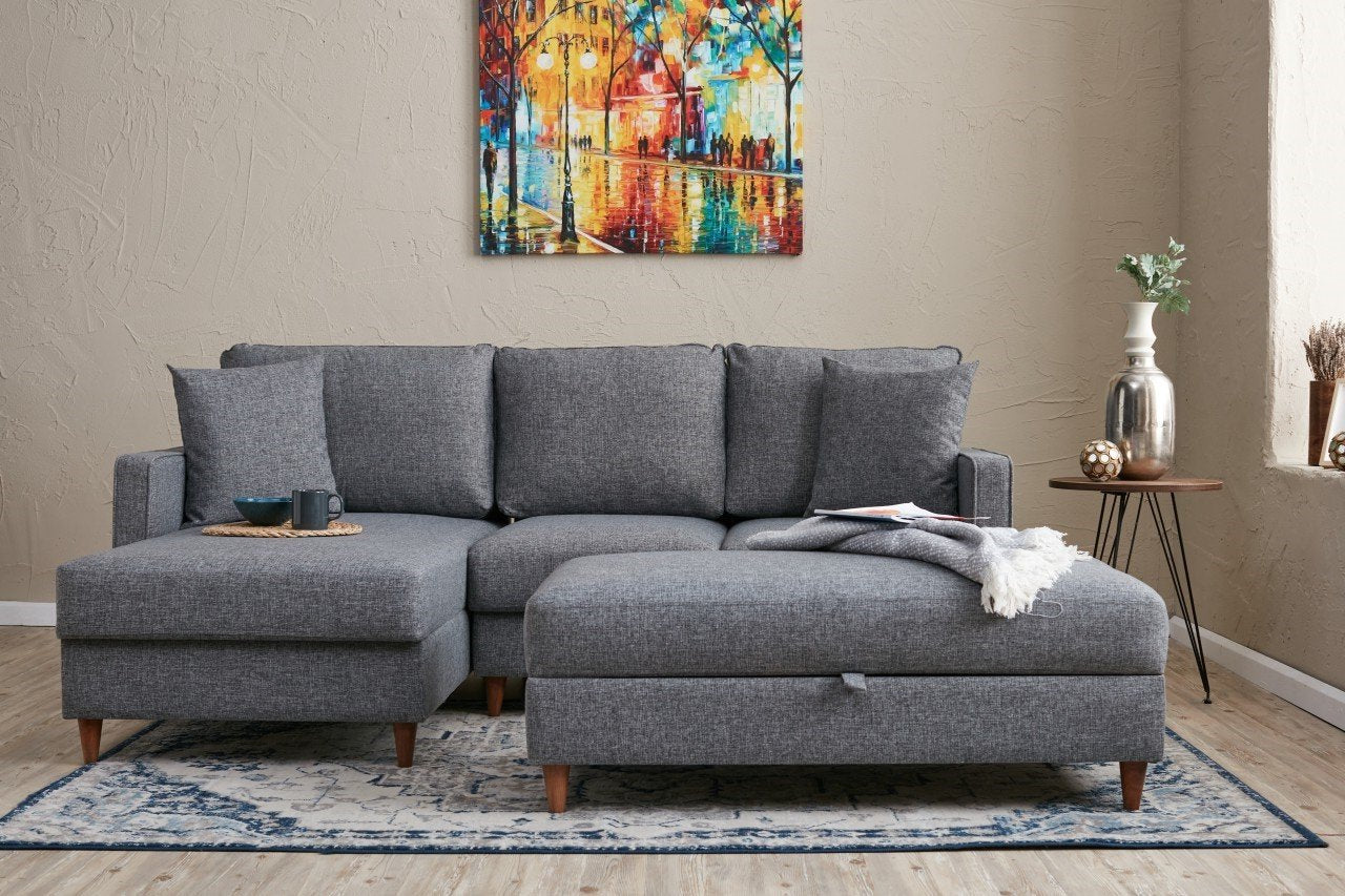 Sofá de canto moderno cinza com pufe, 210 cm | 100% poliéster, tecido fácil de limpar, espuma 28 DNS | Design escandinavo elegante para o conforto da sala de estar