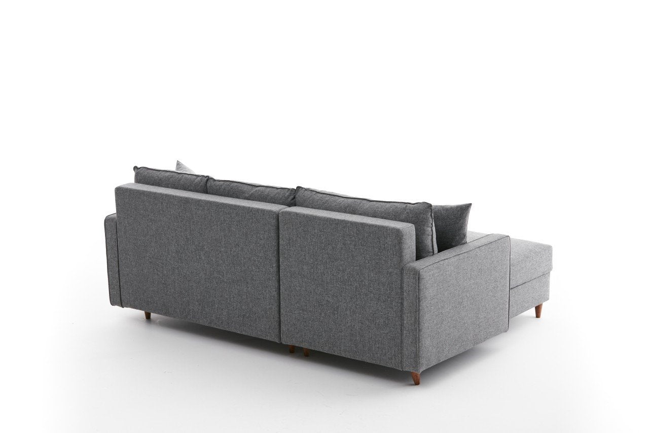 Sofá de canto moderno cinza com pufe, 210 cm | 100% poliéster, tecido fácil de limpar, espuma 28 DNS | Design escandinavo elegante para o conforto da sala de estar